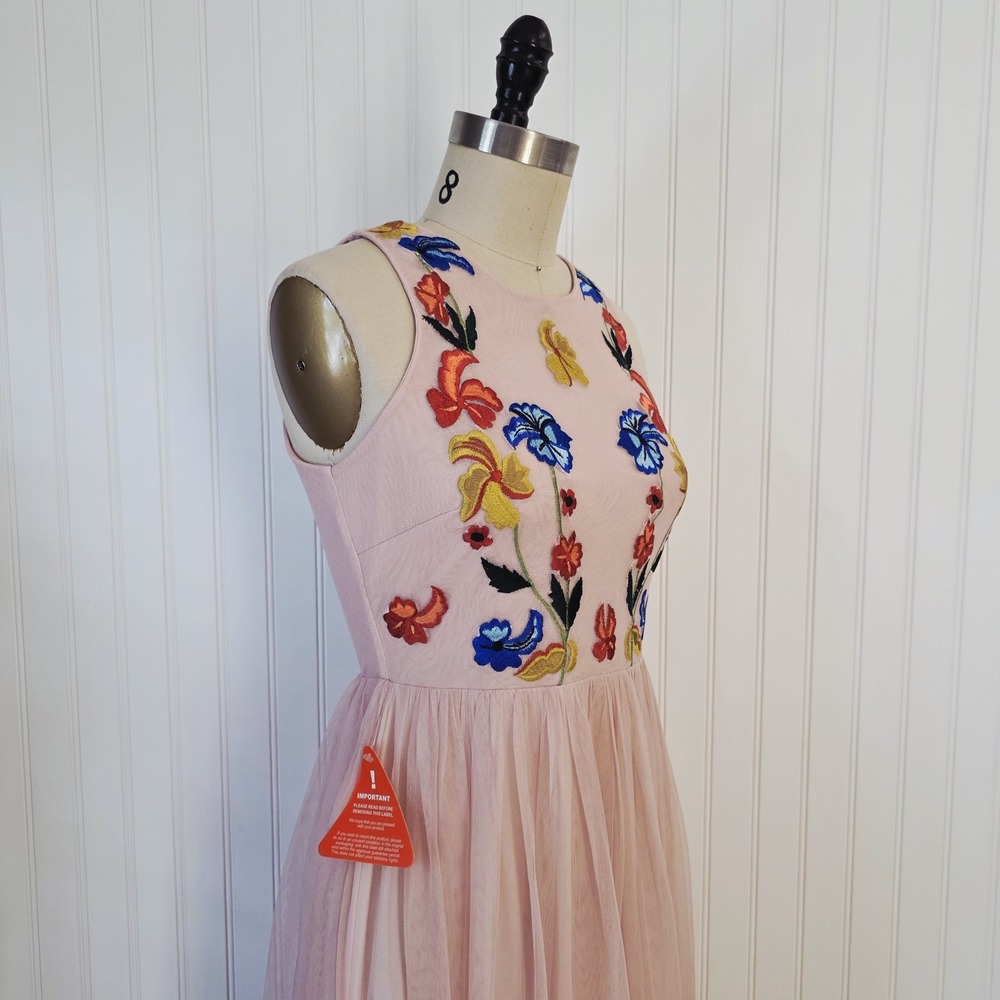 Frock & Frill NWT Romantic Blush Tulle Midi Dress | Embroidered Floral Size 6 - Picture 5 of 11